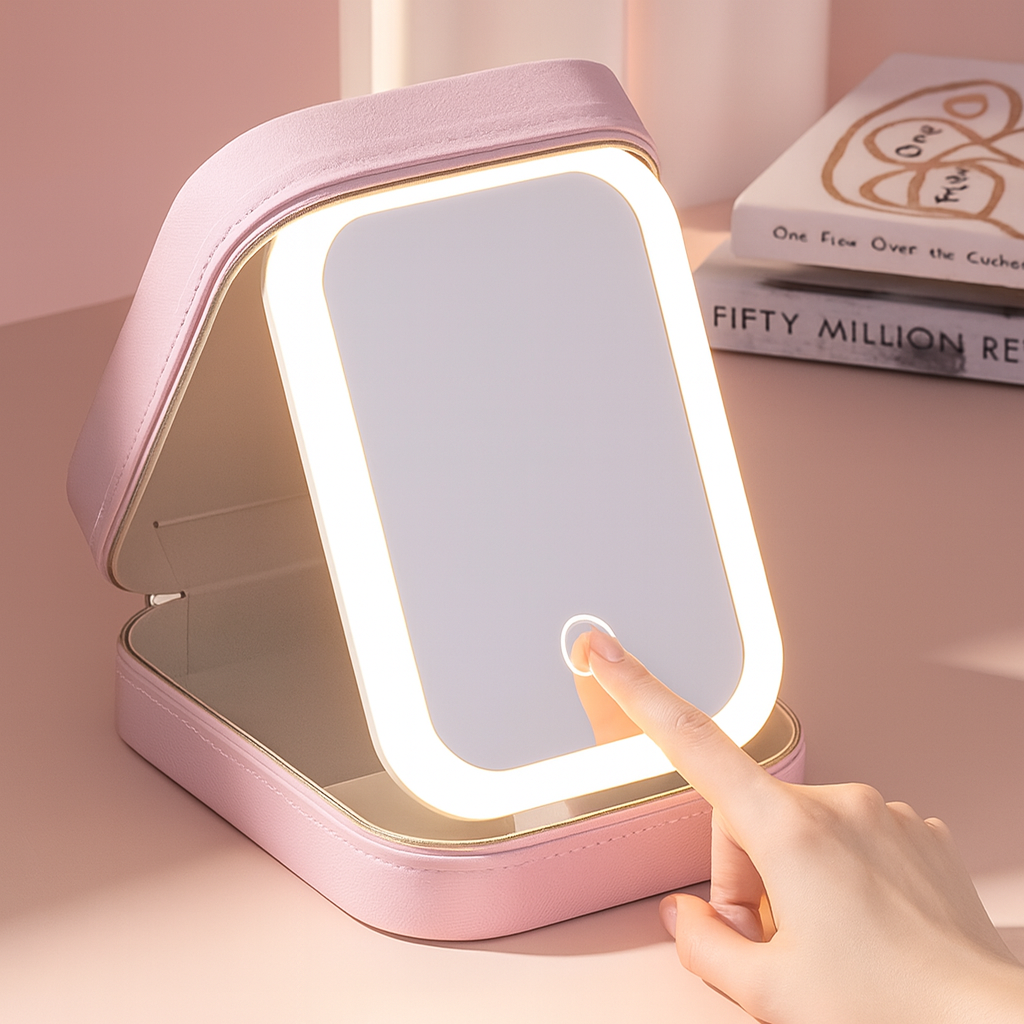 Travel Makeup Bag with LED Lighted Mirror, Portable Cosmetic Bag, 3 Color Setting, Waterproof Organizer, Gift for Women, Reachable - White