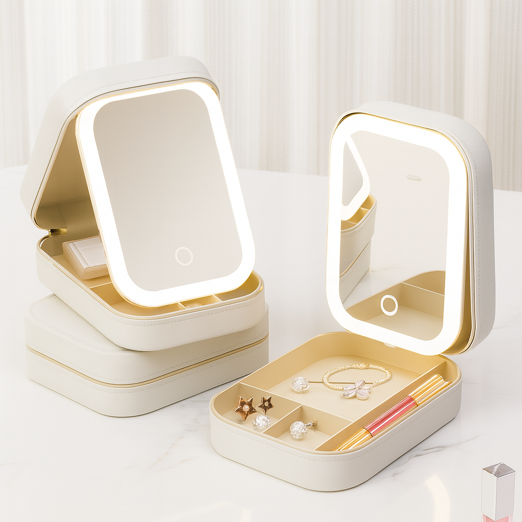 Travel Makeup Bag with LED Lighted Mirror, Portable Cosmetic Bag, 3 Color Setting, Waterproof Organizer, Gift for Women, Reachable - White